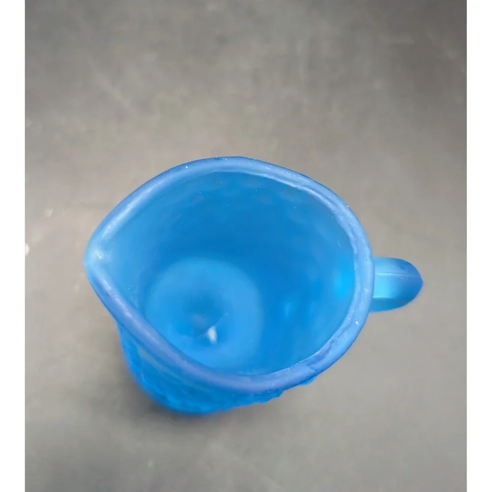 Blue Satin‎ Hobnail Glass Pitcher Creamer Footed Frosted Mid Century Modern 3